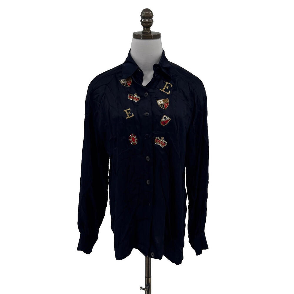 Escada Vintage Black Button Top Sz 38 Royal Patch Embroidered Long Sleeve